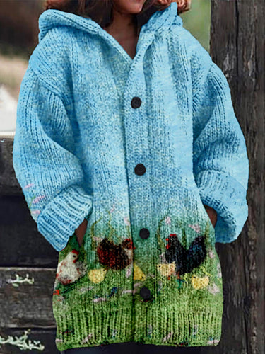 Cute Chicks Felt Art Cozy Knit Hooded Cardigan