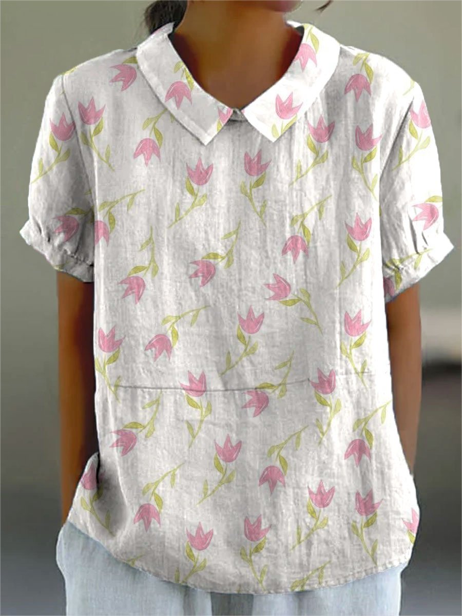 Women's Flower Print Casual Cotton And Linen Shirt