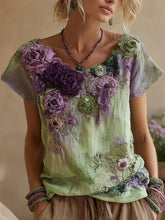 Load image into Gallery viewer, Vintage  Boho Purple Floral Embroidered Linen Short Sleeve T-shirt