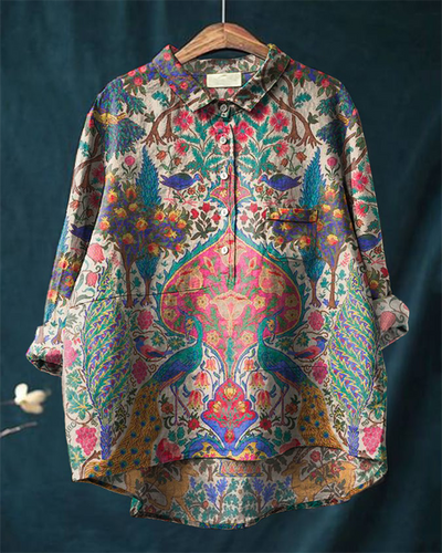 Vintage Peacock Floral Art Print Casual Cotton and Linen Shirt