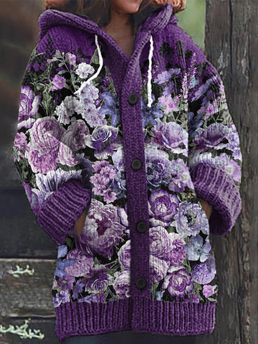 Floral Print Cozy Hooded Cardigan