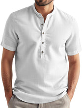 Load image into Gallery viewer, Men's summer cotton and linen stand collar solid color short-sleeved shirt