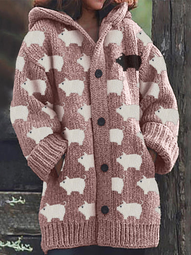 Vintage Farm Pigs Pattern Cozy Knit Hooded Cardigan