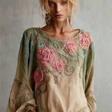 Load image into Gallery viewer, Vintage Pink Roses Glitter Embroidered Forest Gradient Linen Tunic