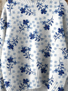 Lovely Floral Art Print Knit Turtleneck Pullover Sweater