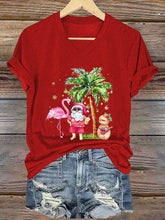 Load image into Gallery viewer, Women&#39;s Christmas Palm Tree Flamingo Print V-Neck T-Shirt