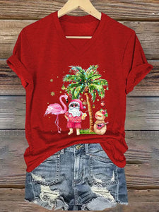 Women's Christmas Palm Tree Flamingo Print V-Neck T-Shirt