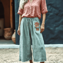 Load image into Gallery viewer, Women's Linen Wide-leg Ethnic Floral Casual Cropped Trouser Pants