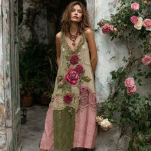 Load image into Gallery viewer, Women's Vintage Rose Art Print Linen Maxi Dress
