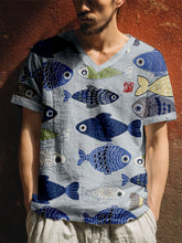 Load image into Gallery viewer, Men's Vintage Fish Japanese Art Linen T Shirt