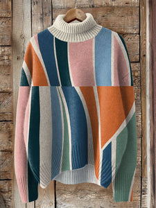 Mid Century Modern Striped Art Knit Turtleneck Pullover Sweater