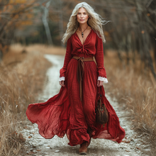 Load image into Gallery viewer, Women's Vintage V-neck Linen Long-sleeve Maxi Long Dress