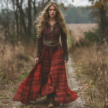 Load image into Gallery viewer, Women's Vintage V-neck Bohemian Pastoral Plaid Style Long-sleeve Maxi Long Dress