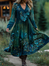 Load image into Gallery viewer, Classy Gradient Blue Rose And Floral Embroidered Linen Long Sleeve Maxi Dress