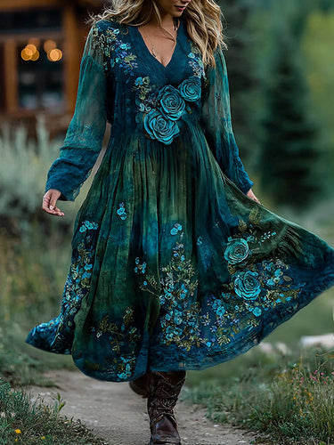 Classy Gradient Blue Rose And Floral Embroidered Linen Long Sleeve Maxi Dress