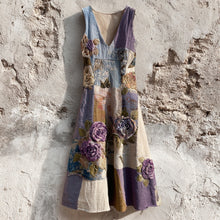 Load image into Gallery viewer, Purple Roses Embroidered Patchwork Linen Midi Dress