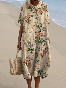 Women's Vintage Lovely Floral Art Print Pocket Linen Dress