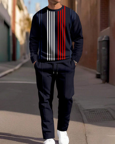 Men's Simple Colorblock Round Neck Casual Sports Set 0164