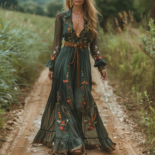 Load image into Gallery viewer, Women's Vintage V-neck Floral Bohemian Pastoral Style Long-sleeved Maxi Long Dress
