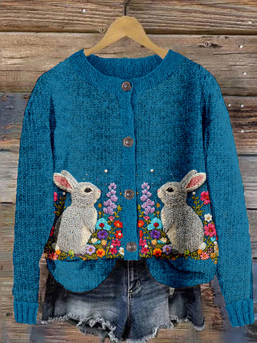 Bright Pastel Knitted Bunny Pattern Crew Neck Cozy Cardigan