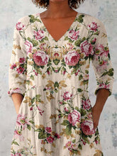 Load image into Gallery viewer, Women's Elegant Floral Pattern Round Neck Cotton and Linen Top