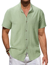 Load image into Gallery viewer, Men's summer stand collar cotton and linen solid color pleated texture comfortable short-sleeved shirt