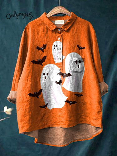 Lovely Halloween Ghost Graphic Printed Women's Casual Cotton And Linen Shirt