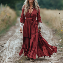 Load image into Gallery viewer, Women's Vintage Pastoral Style V-neck Linen Long-sleeve Maxi Long Dress
