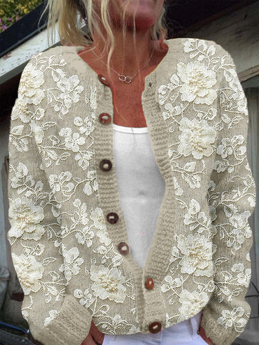 Vintage Floral Lace Embroidered Cozy Knit Cardigan