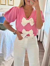 Load image into Gallery viewer, V-Neck Short-Sleeved Double Bow Solid Color Sweater