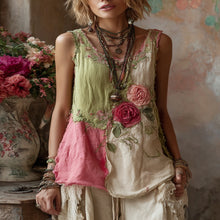 Load image into Gallery viewer, Women's Rose Embroidery Patchwork Print V-neck Linen Blend Tank Top