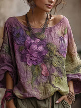 Load image into Gallery viewer, Vintage Purple Flowers Art Gradient Linen Shirt