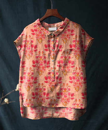 Vintage Print Cotton and Linen Short-sleeved Casual Shirt