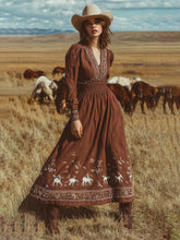 Load image into Gallery viewer, Women's Vintage Western Horse Art Print V-neck Maxi Dress
