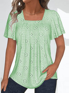 Women Short Sleeve U-neck Solid Lace Tops