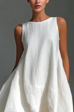 Load image into Gallery viewer, Women's White Linen Fabric Sleeveless Midi Dress With Round Neck &amp; Asymmetric Hem