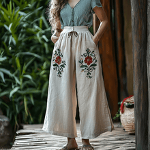 Load image into Gallery viewer, Women's Linen Bohemian Floral Cropped Trouser Pants