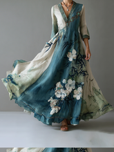 Load image into Gallery viewer, Women's Retro Ink Painting Bamboo And Cherry Blossom Linen Long Sleeve Dress