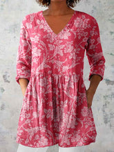 Load image into Gallery viewer, Women's Elegant Floral Pattern Round Neck Cotton and Linen Top
