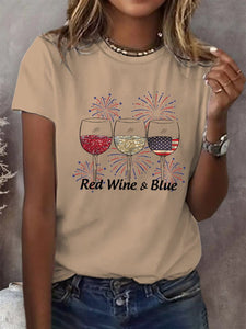 Women's Red Wine And Blue Print Casual T-Shirt