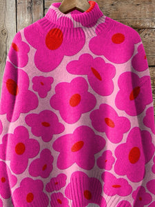 Vibrant Pink Floral Pattern Printed Knit Turtleneck Pullover Sweater