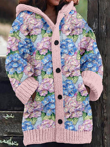 Hydrangea Embroidery Art Cozy Hooded Cardigan