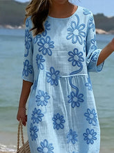 Load image into Gallery viewer, Women's Casual  Round Neck Mid Sleeve Print Cotton and Linen Dress