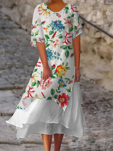Women's Double Layer Color Block Floral Print Design Slit Short Sleeve Round Neck Dress
