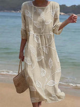 Load image into Gallery viewer, Women's Casual  Round Neck Mid Sleeve Print Cotton and Linen Dress