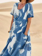 Load image into Gallery viewer, Sun Print Effect Blue Floral Art Printed Women's Linen Pocket Dress