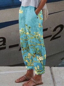 Women's Floral Oil Painting Print Wide Leg Pants