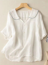 Load image into Gallery viewer, Cotton And Linen Retro Short Sleeved Navy Doll Collar Thin Shirt