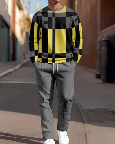 Men's Simple Colorblock Round Neck Casual Sports Set 0180