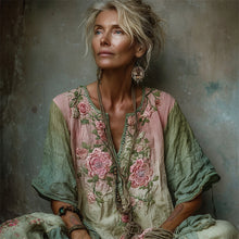 Load image into Gallery viewer, Vintage Pink Roses Embroidered Gradient Linen Shirt